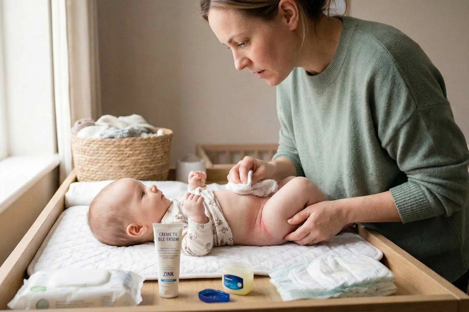 Forælder skifter ble på baby og rengør huden for at forebygge bleeksem