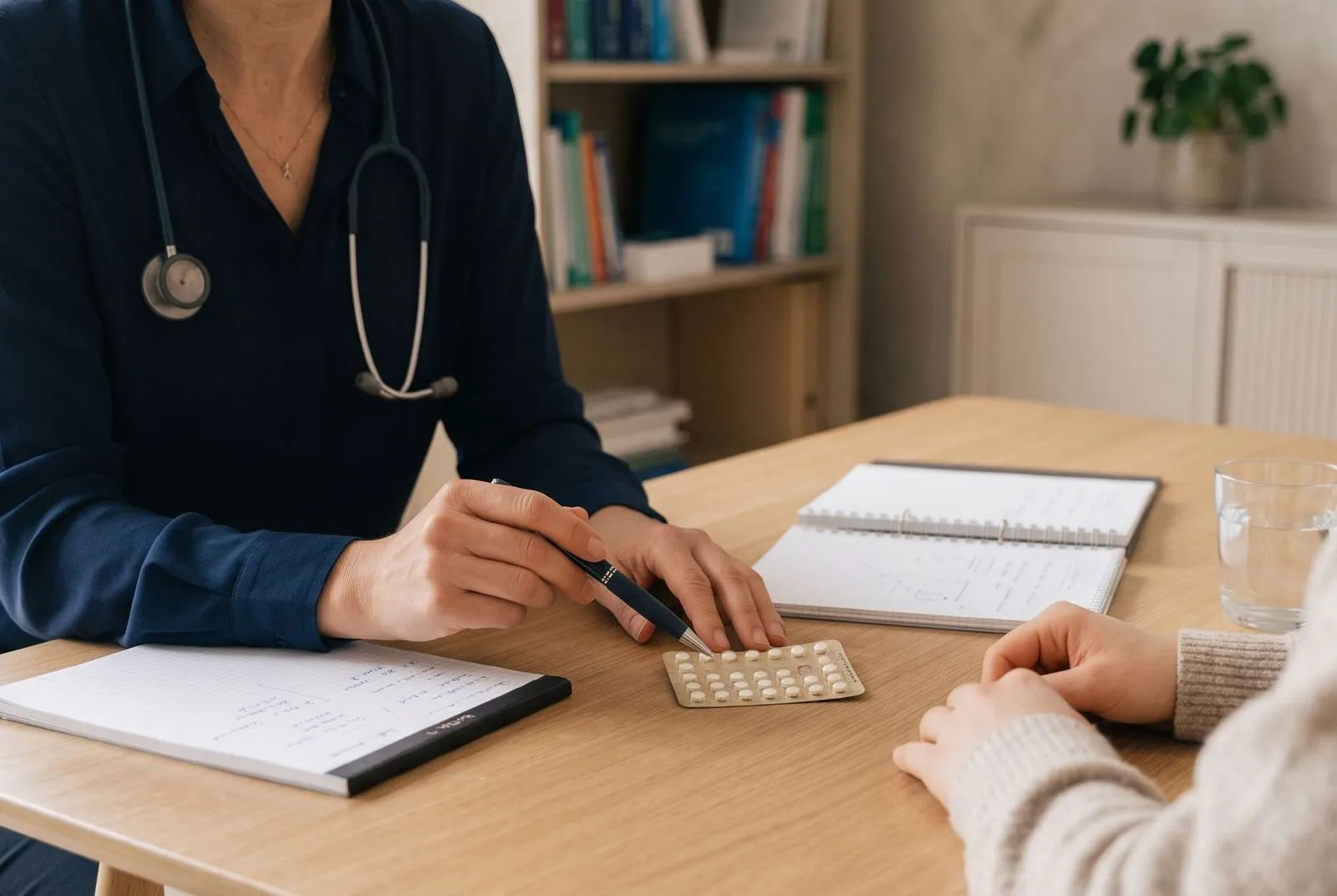 Blisterpakning med p-piller på et klinisk skrivebord som illustration til patientvejledning om prævention