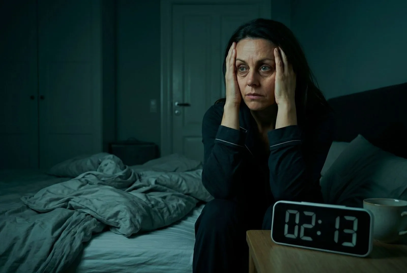 Kvinde sidder vågen om natten med søvnbesvær